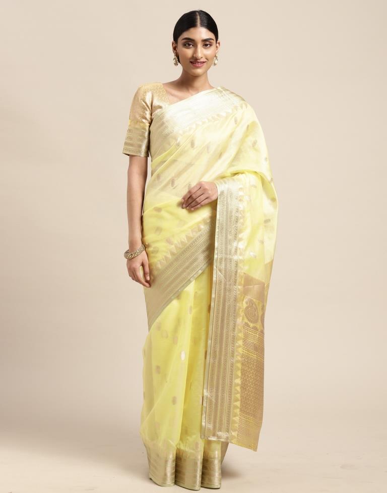 Yellow Elegant Grace Chikankari Work With Lace Border Saree | Simar Lu