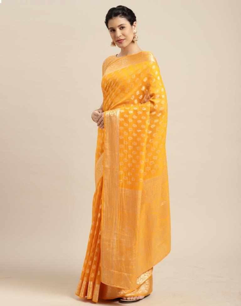 Ethnic Woven Zari Banarasi Silk Mustard Yellow Wedding Saree|SARV126734