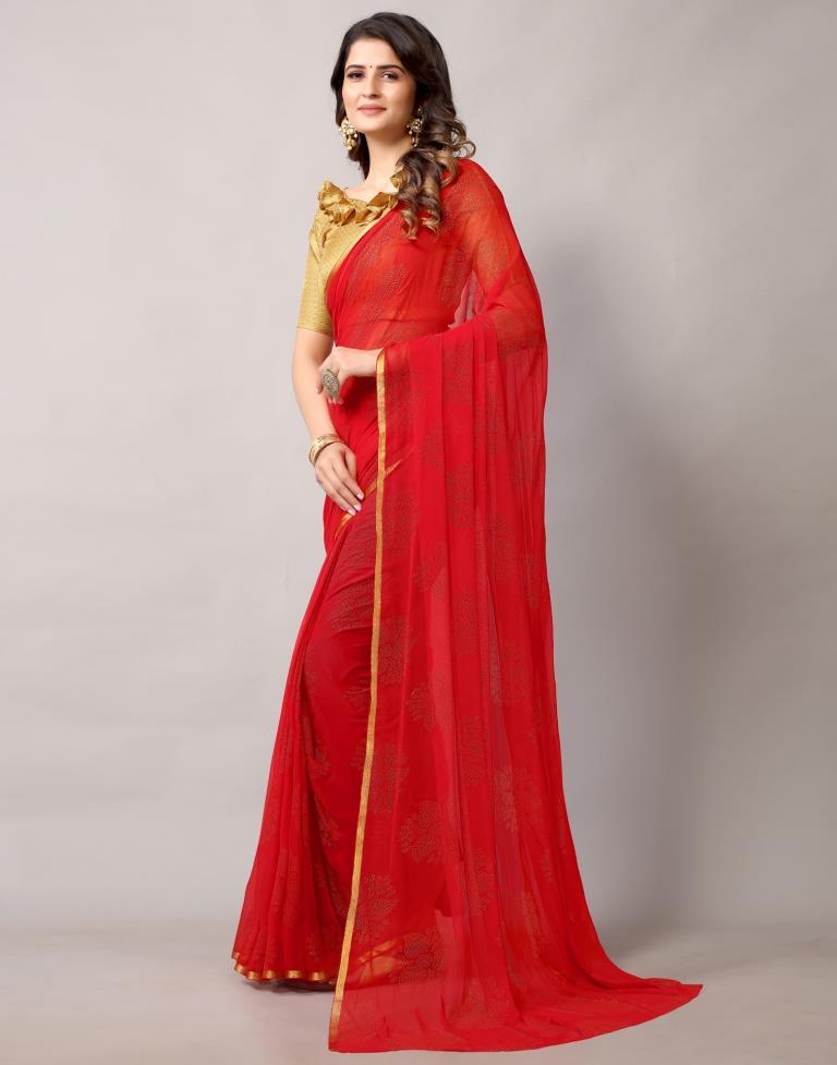 Designer Red Chiffon Saree With Intricate Moti Work And White Border –  ShopBollyWear.Com