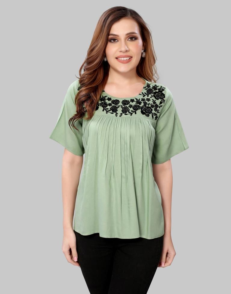 Pista Green Coloured Rayon Embroidery Top | Leemboodi