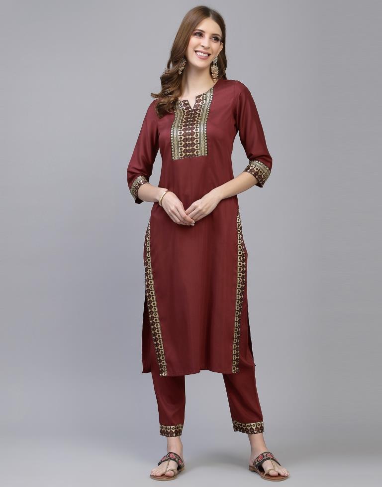 Floral Embroidered Straight Fit Kurti - Maroon – FASHOR