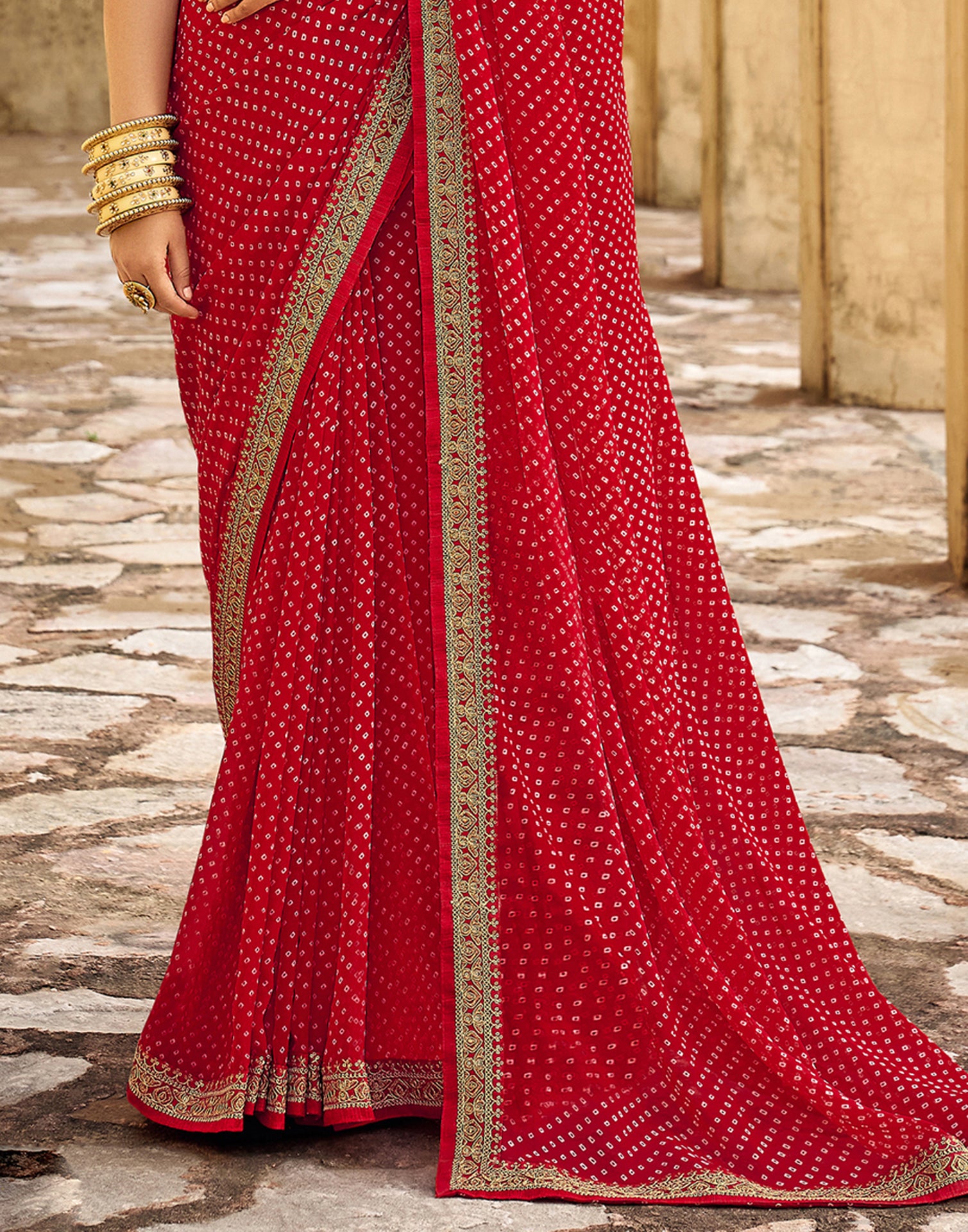 Cherry Red Bandhani Saree with Embroidery Border | Leemboodi
