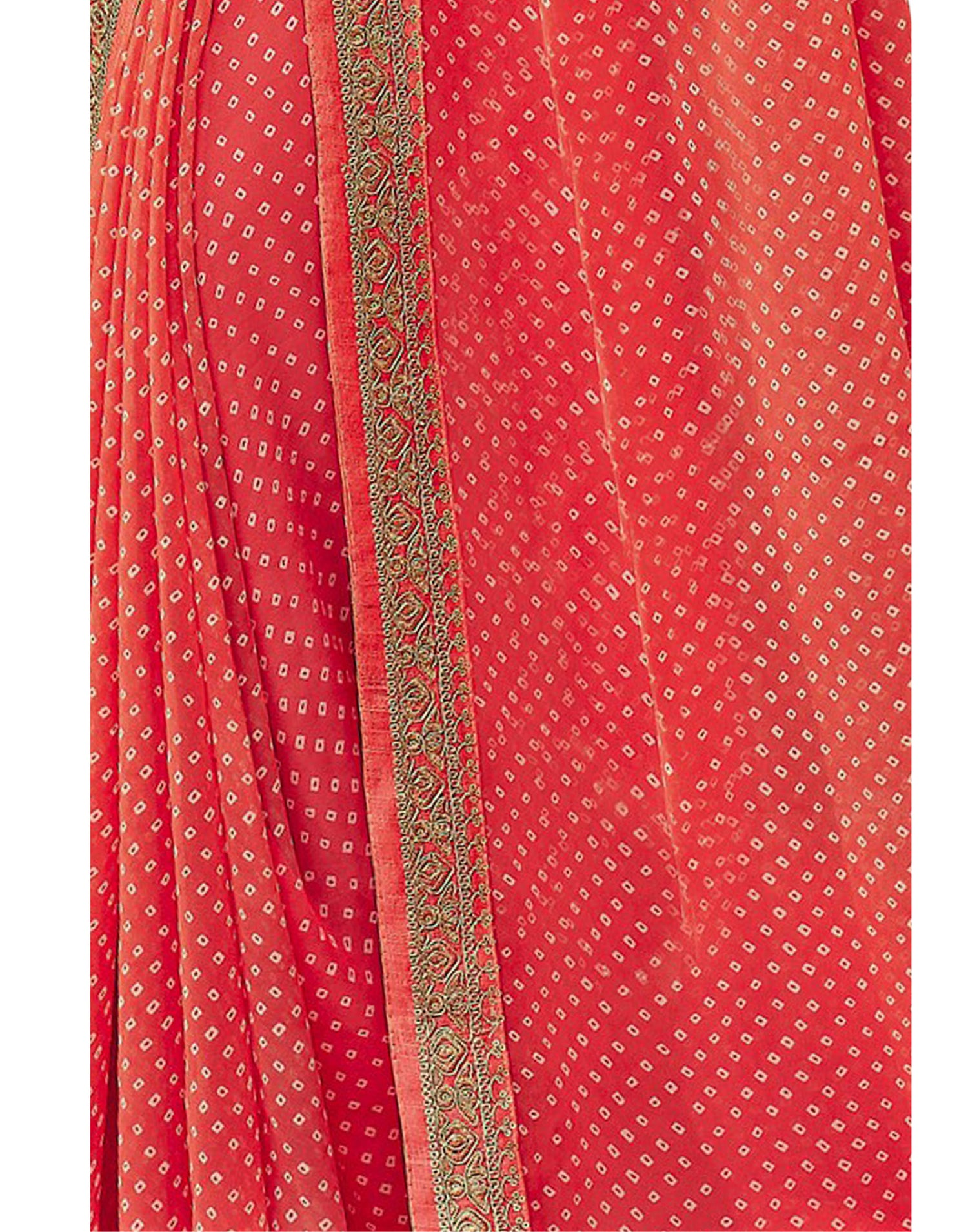 Coral Pink Bandhani Saree with Embroidery Border | Leemboodi