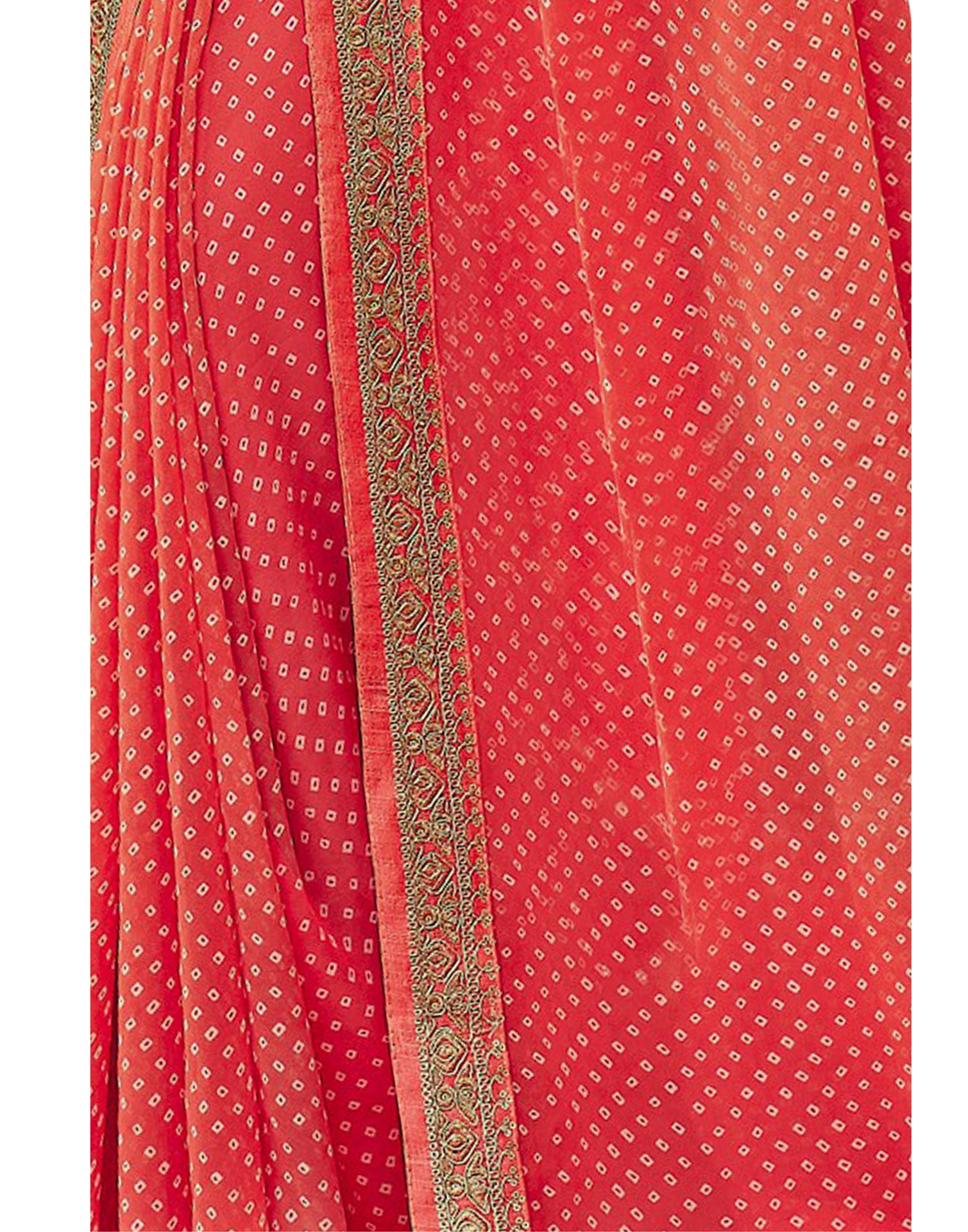 Coral Pink Bandhani Saree with Embroidery Border | Leemboodi