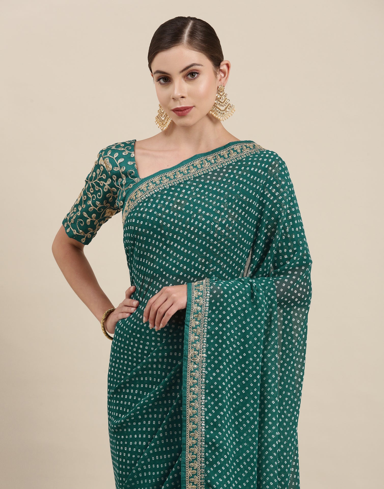 Pine Green Bandhani Saree with Embroidery Border | Leemboodi