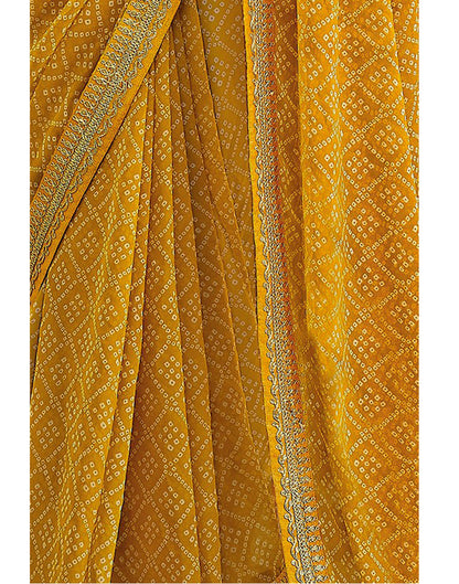 Turmeric Yellow Bandhani Saree with Embroidery Border | Leemboodi