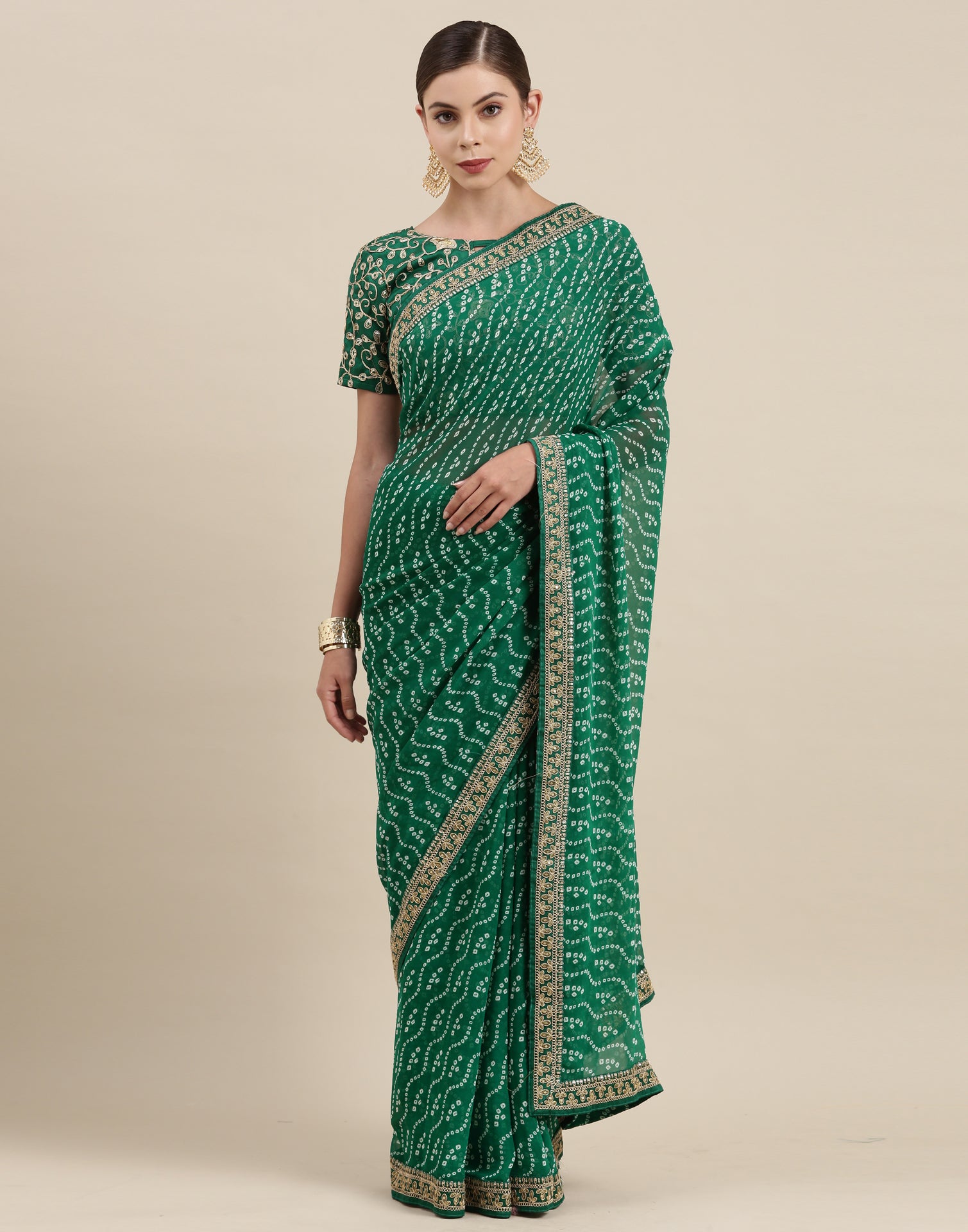 Green Bandhani Saree with Embroidery Border | Leemboodi