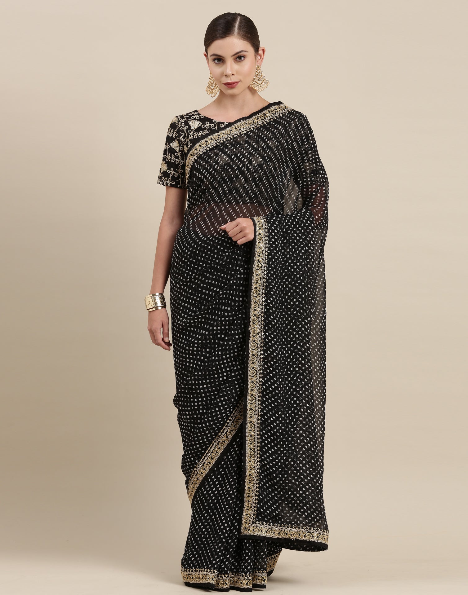 Green & Black Modal Silk Hand Block Printed Bandhani Saree Set Design by  Geroo Jaipur at Pernia's Pop Up Shop 2024