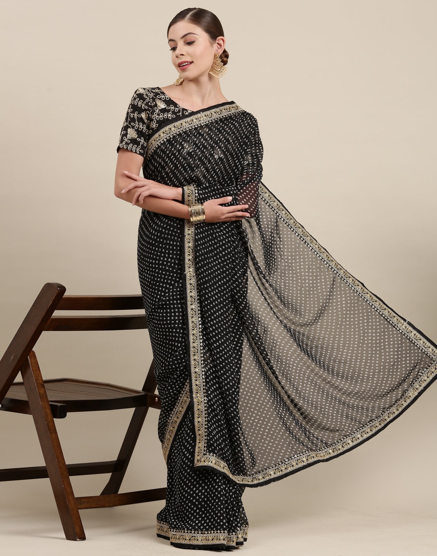 Beautiful Linen Cotton Jaipuri Bandhani Shibori Print Black Saree with  Blouse