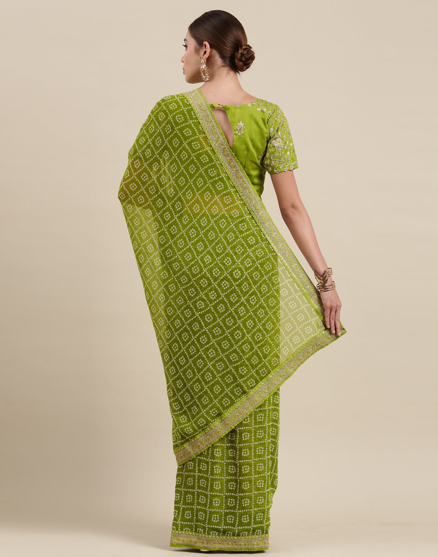 Olive Green Bandhani Saree with Embroidery Border | Leemboodi