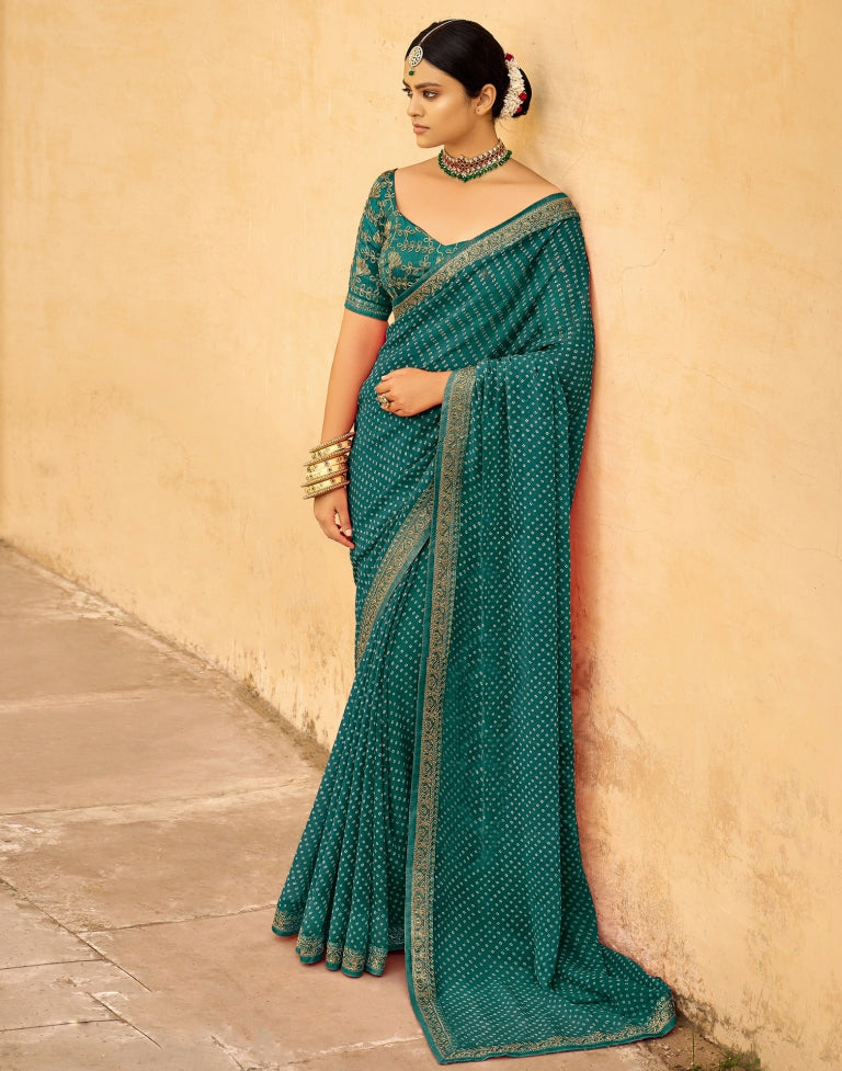 Pine Green Bandhani Saree with Embroidery Border | Leemboodi