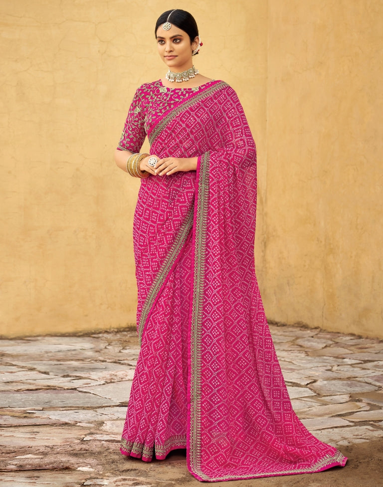 Pink Bandhani Saree with Embroidery Border | Leemboodi