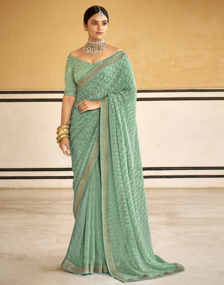 Mint Green Bandhani Saree with Embroidery Border | Leemboodi