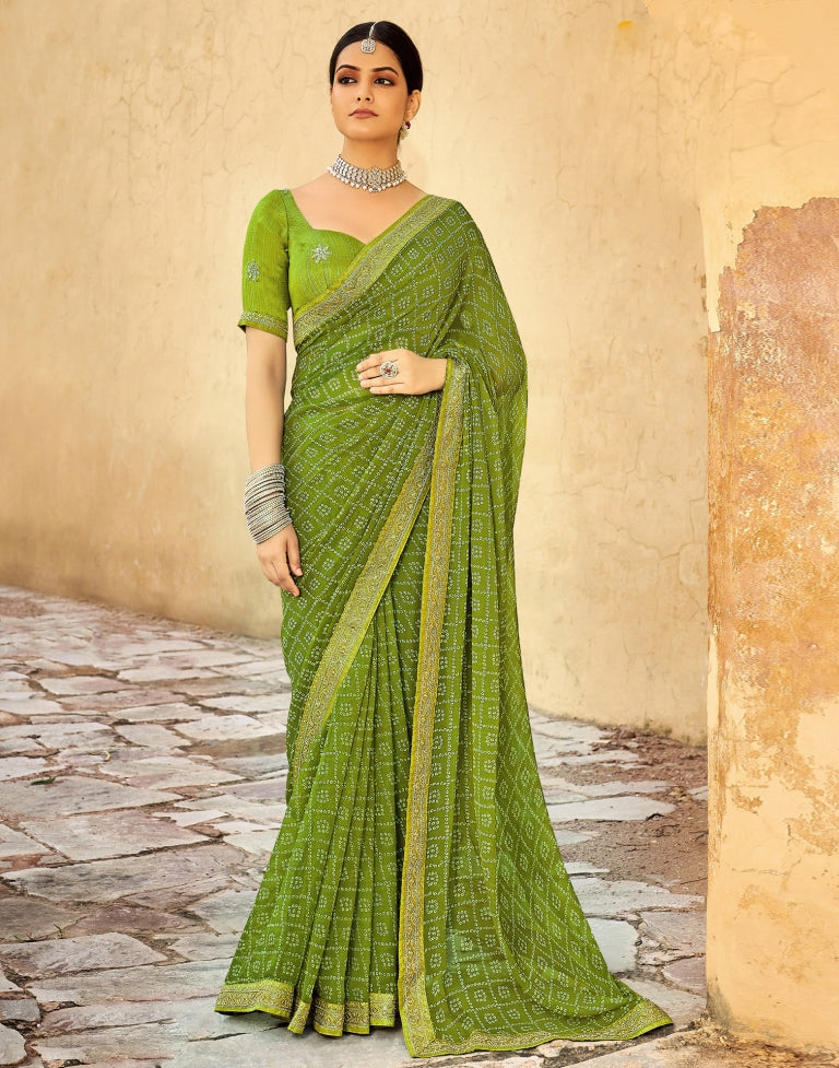 Olive Green Bandhani Saree with Embroidery Border | Leemboodi