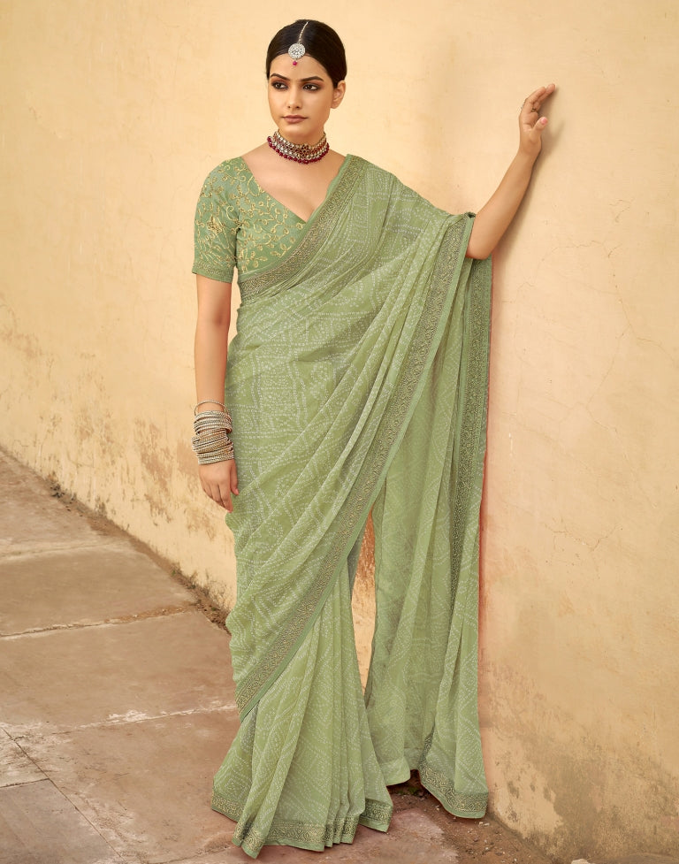 Pista Green Bandhani Saree with Embroidery Border | Leemboodi