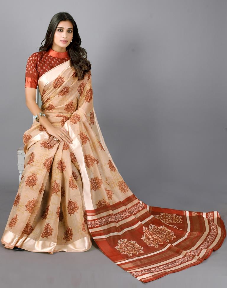 Beige Printed Cotton Saree | Leemboodi