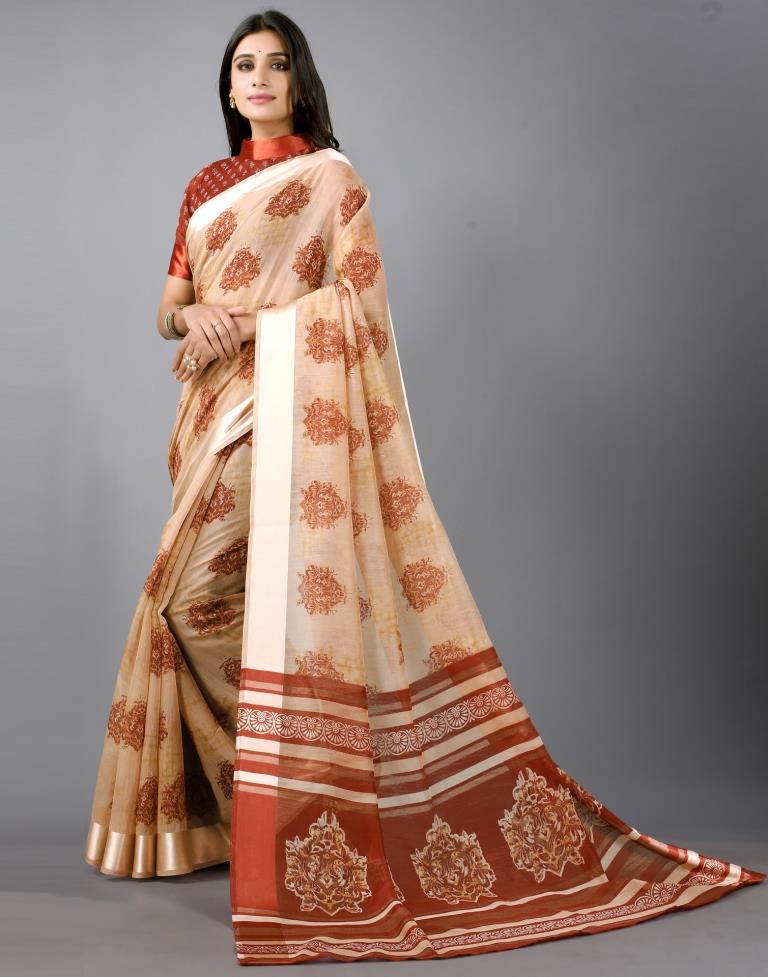 Beige Printed Cotton Saree | Leemboodi