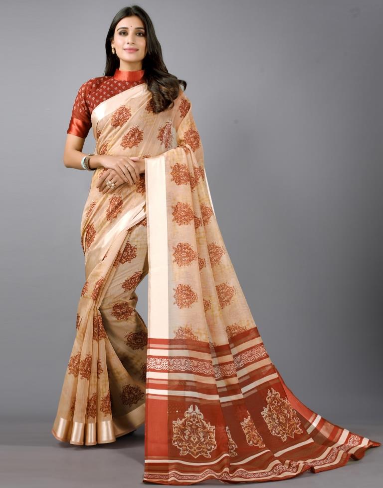 Beige saree with mango motif border - Sri Kumaran Stores