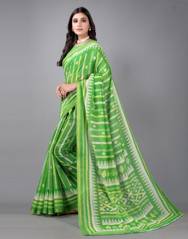 Handloom Parrot Green Pure Cotton Kanchi Saree with generous border