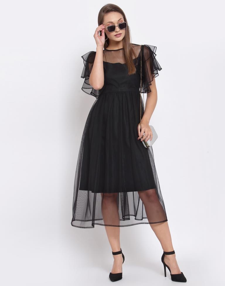 Black Net Flared sleeve Dress | Leemboodi