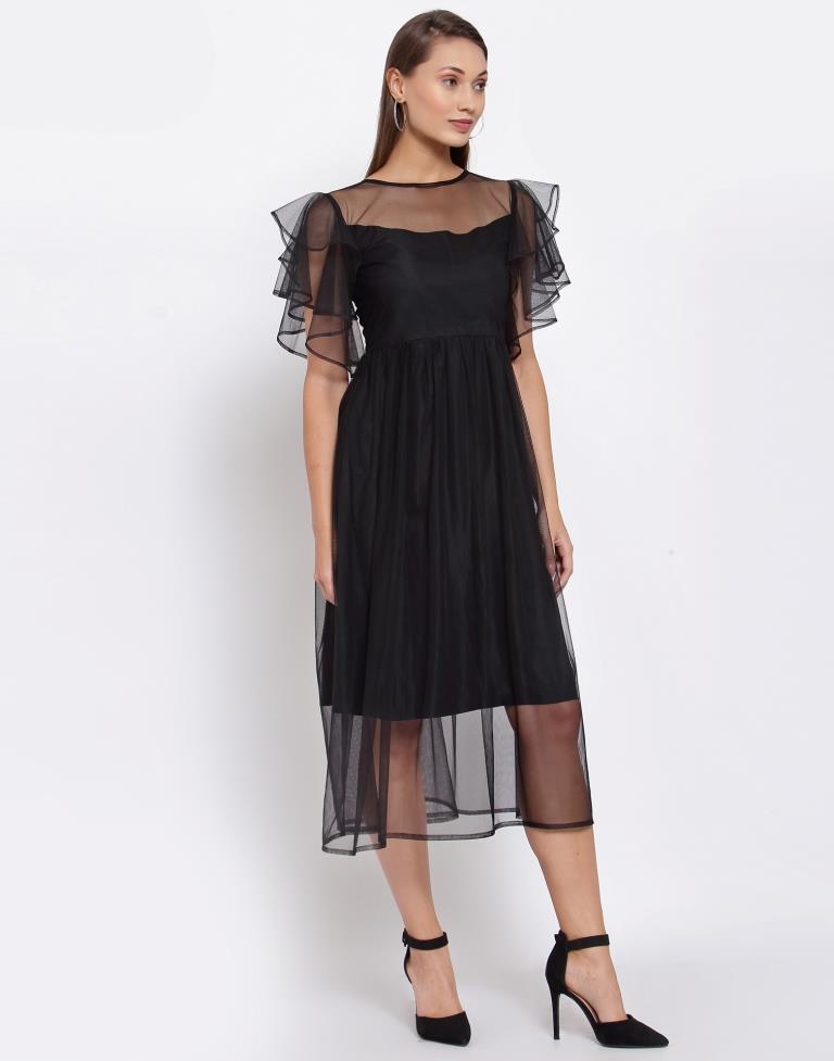 Black Net Flared sleeve Dress | Leemboodi
