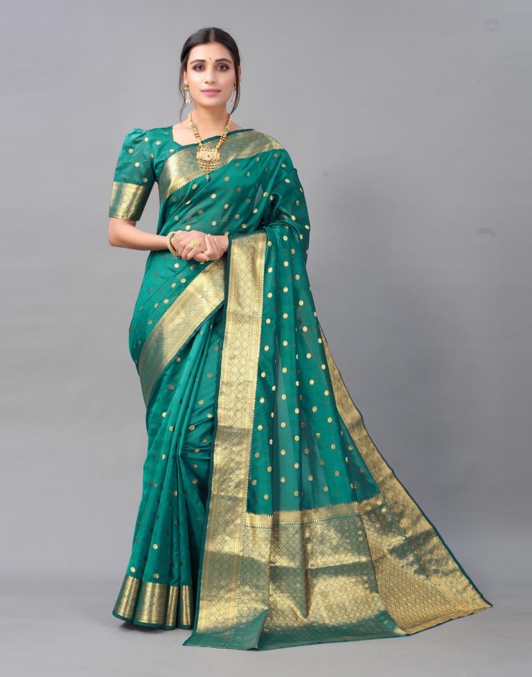 Elegant Sage Green Chanderi Saree Highlighted With Contrast Floral Lac –  Sujatra