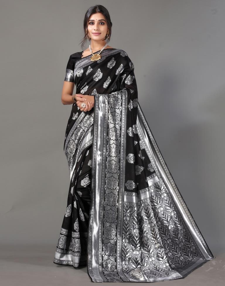 Black Madurai Cotton saree with Wide Silver Zari Border | Checks saree,  Cotton saree, Cotton sarees online