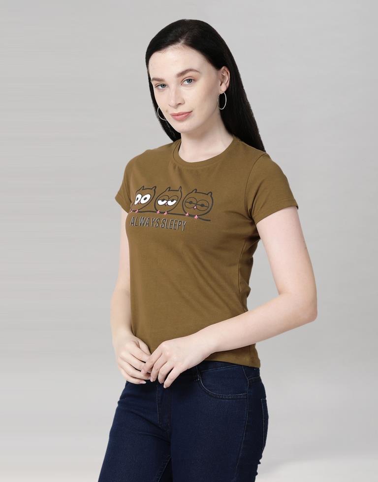 Peanut Brown Colored Lycra Printed T-shirt | Leemboodi