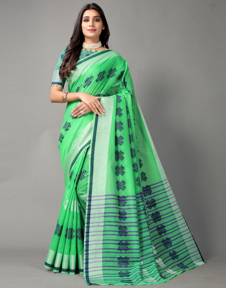 Parrot Green Exclusive Handwoven Bengal Tant Cotton Saree (With Blouse)  Zari Border 17603, Buy Jamdani Tant Sarees online, Pure Jamdani Tant Sarees,  Trendy Jamdani Tant Sarees ,Buy Partywear Collection online , online