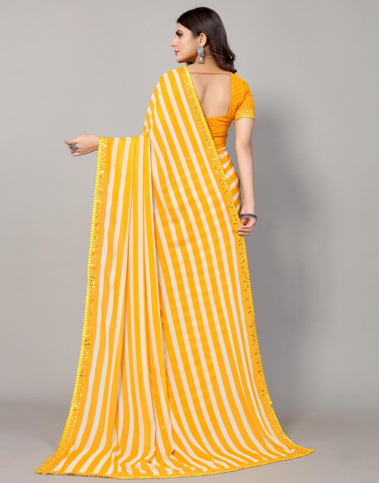 Yellow And White Printed Saree | Leemboodi