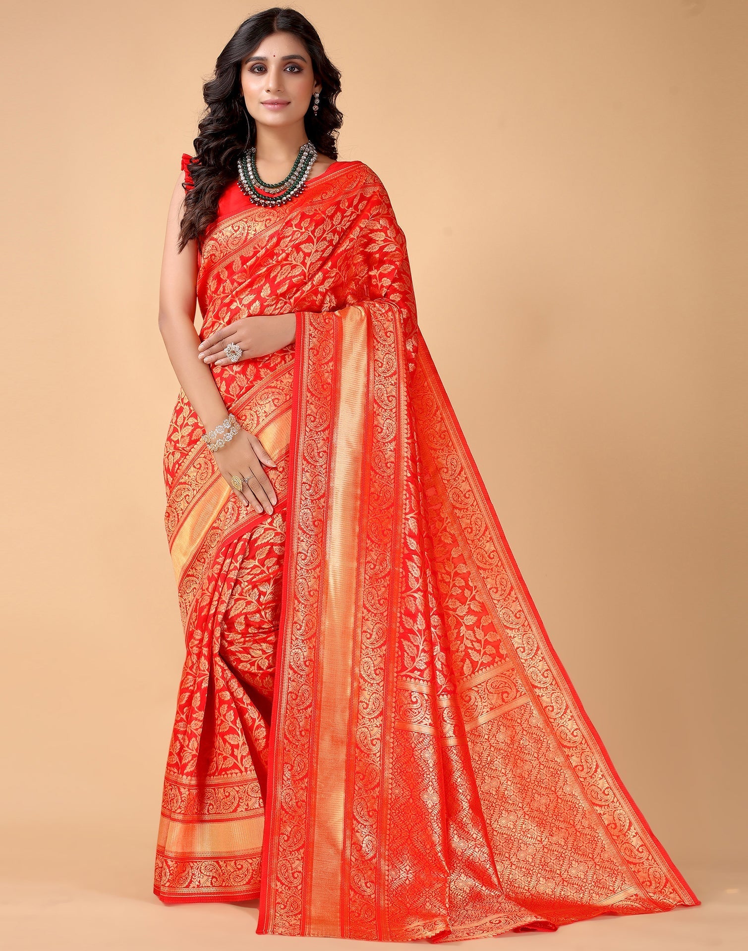 Assam Silk Saree - Golden with red and Green thread Work - ArtisanSoul