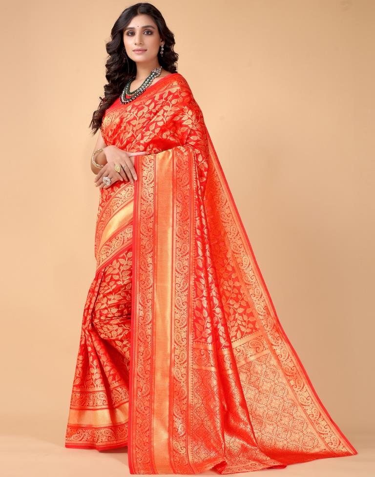 Buy Apple Red Tissue Silk Saree With Golden Zari Online - Iraah