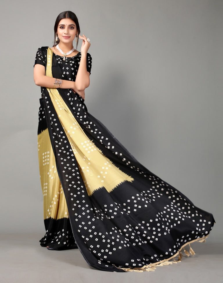 Black and Beige Bandhani Silk Saree | Leemboodi