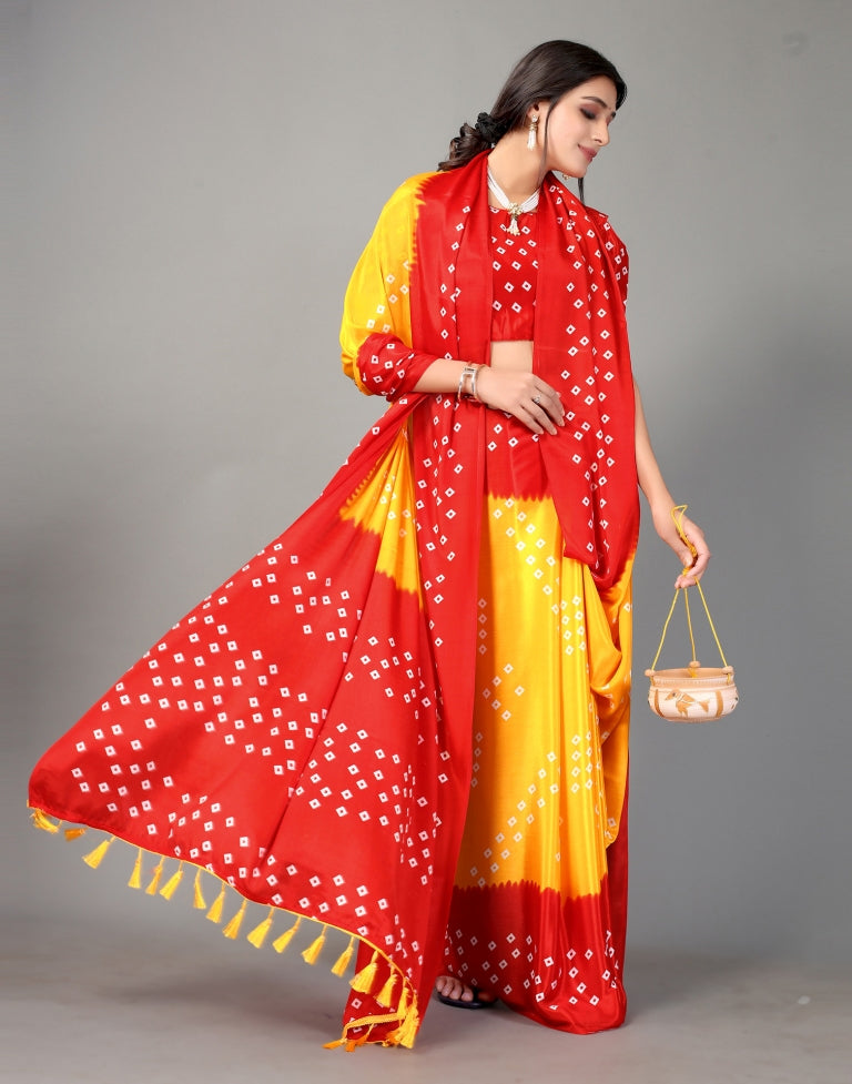 Yellow and Red Bandhani Silk Saree | Leemboodi
