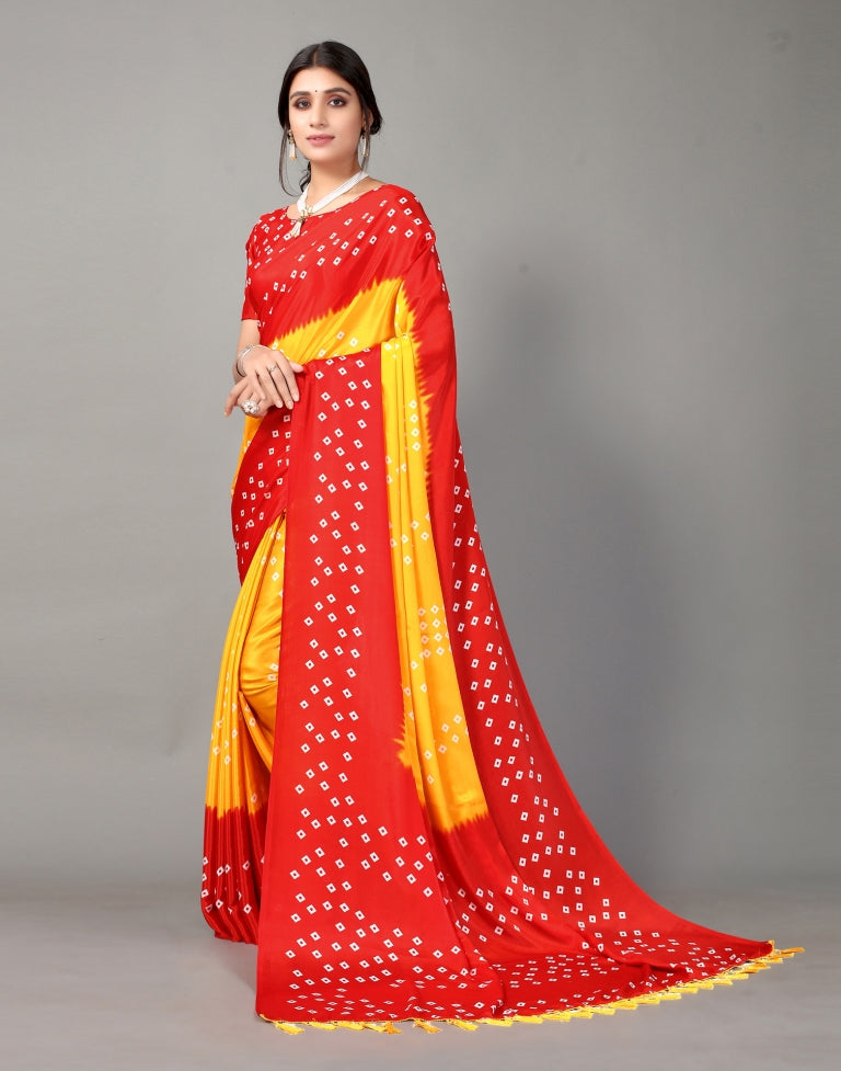 Yellow and Red Bandhani Silk Saree | Leemboodi
