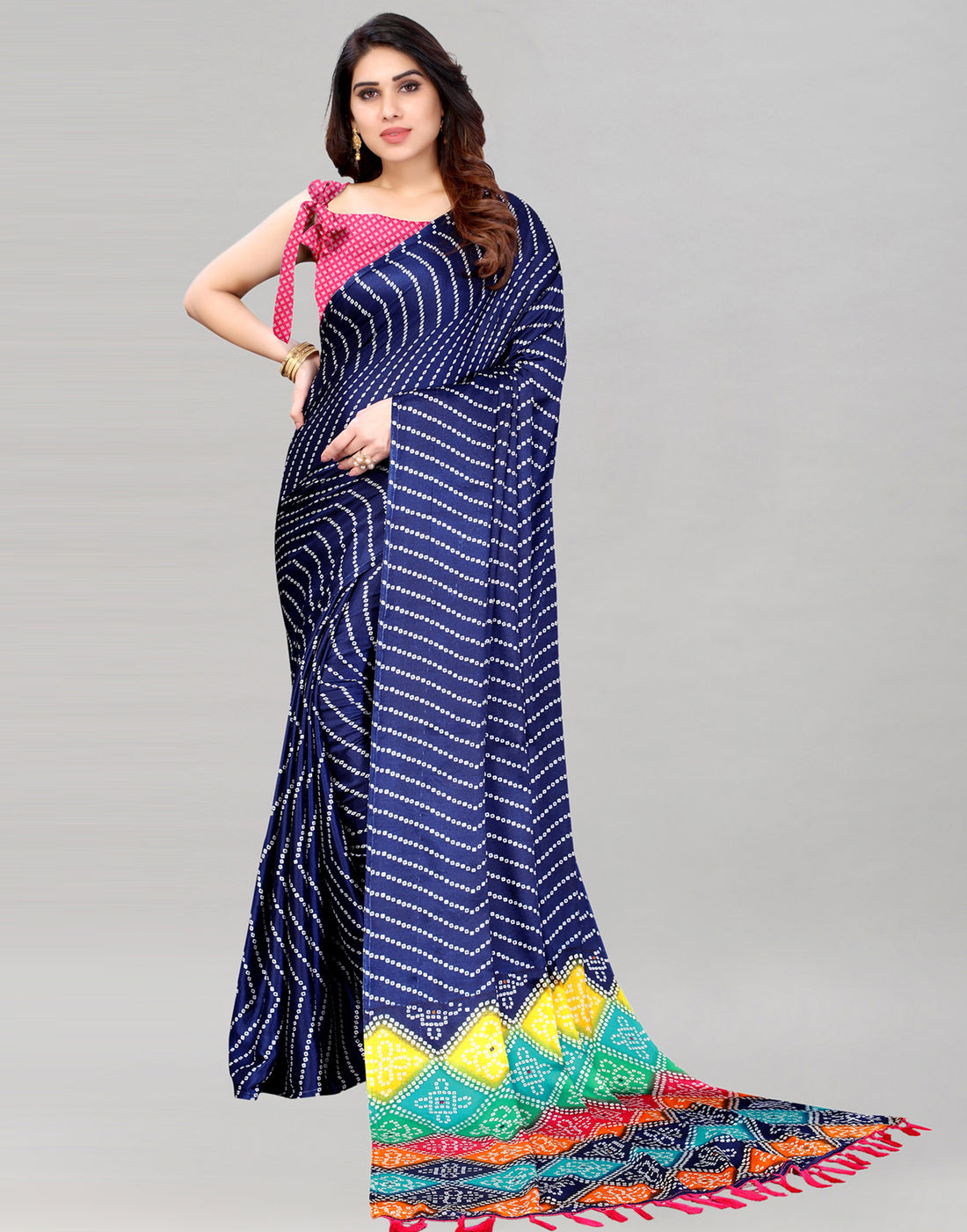 Navy Blue Bandhani Silk Saree | Leemboodi