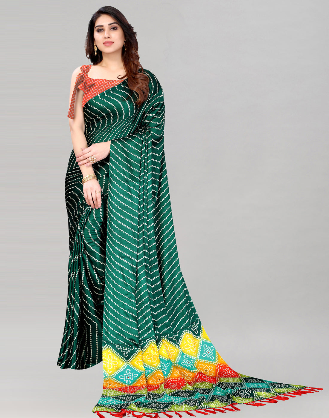 Bottle Green Bandhani Silk Saree | Leemboodi
