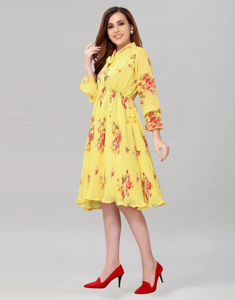 Light Yellow Coloured Chiffon Printed Dress | Leemboodi