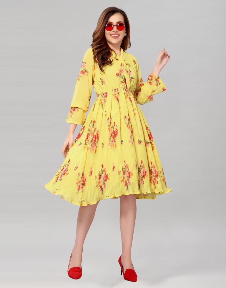 Light Yellow Coloured Chiffon Printed Dress | Leemboodi