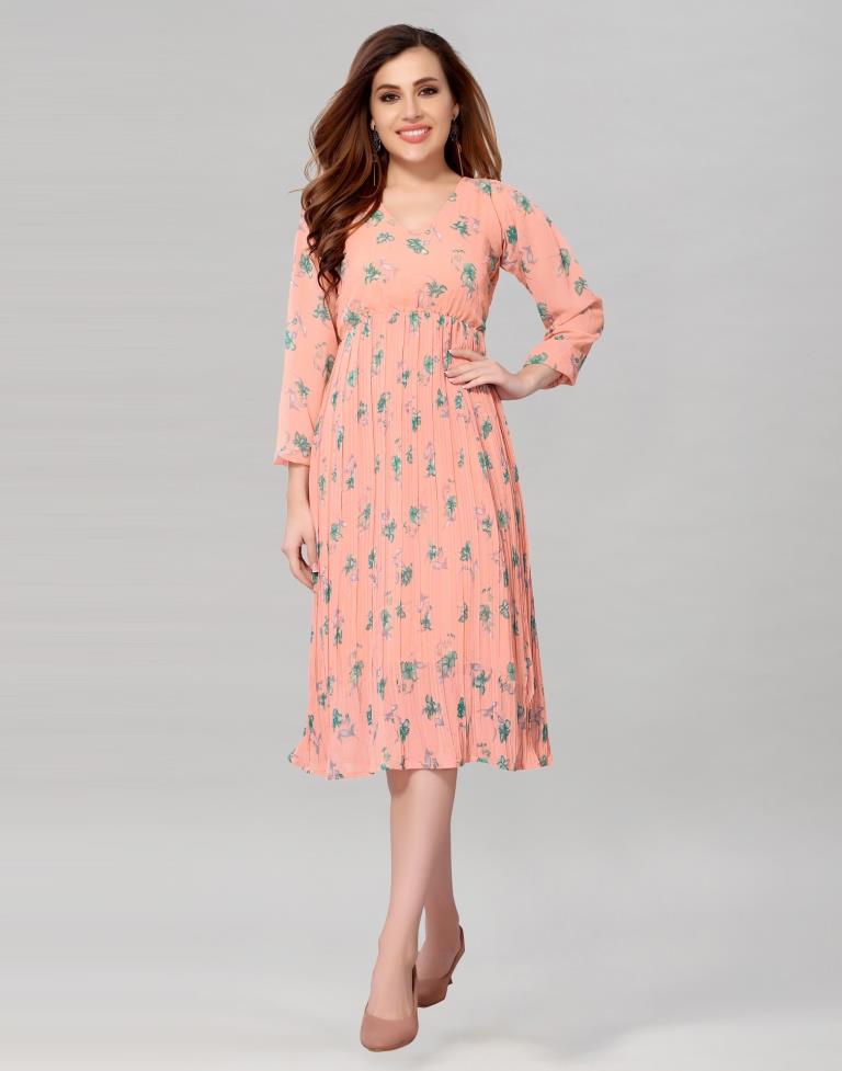 Peach Coloured Chiffon Printed Dress | Leemboodi