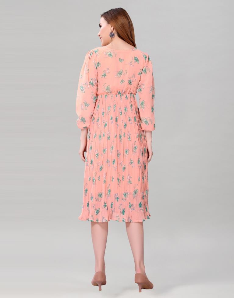 Peach Coloured Chiffon Printed Dress | Leemboodi