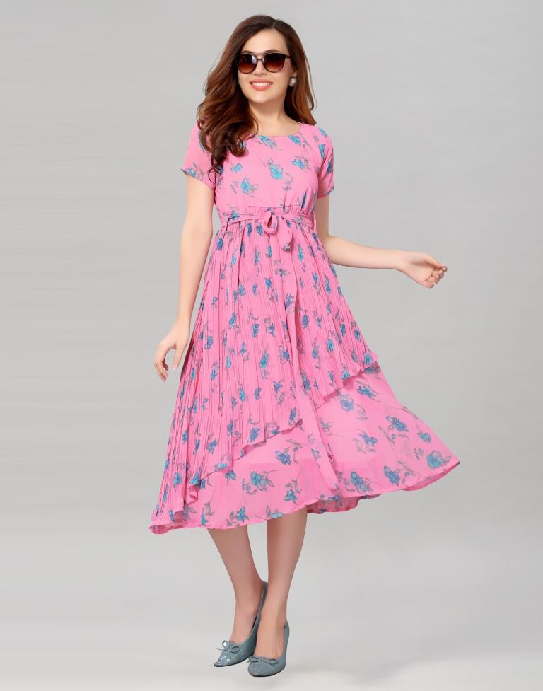 Light Pink Coloured Chiffon Printed Dress | Leemboodi