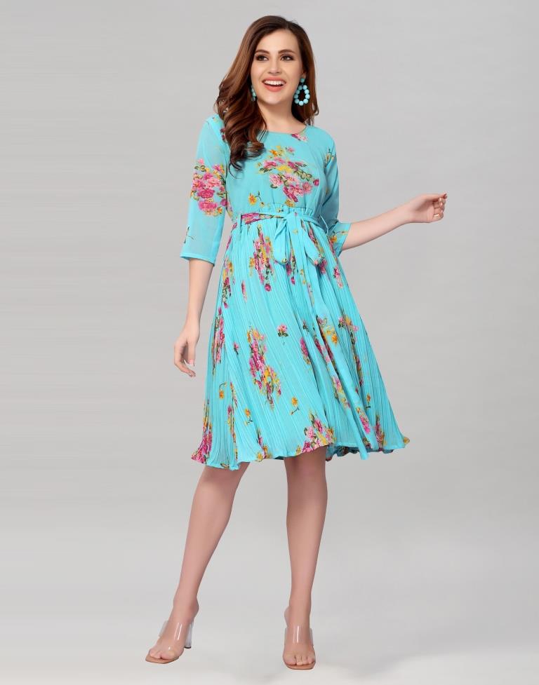 Aqua Blue Coloured Chiffon Printed Dress | Leemboodi