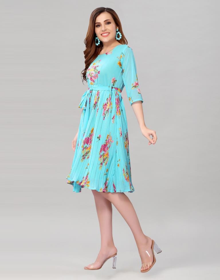 Aqua Blue Coloured Chiffon Printed Dress | Leemboodi