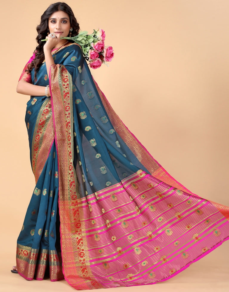 Peacock Blue Silk Saree | Leemboodi