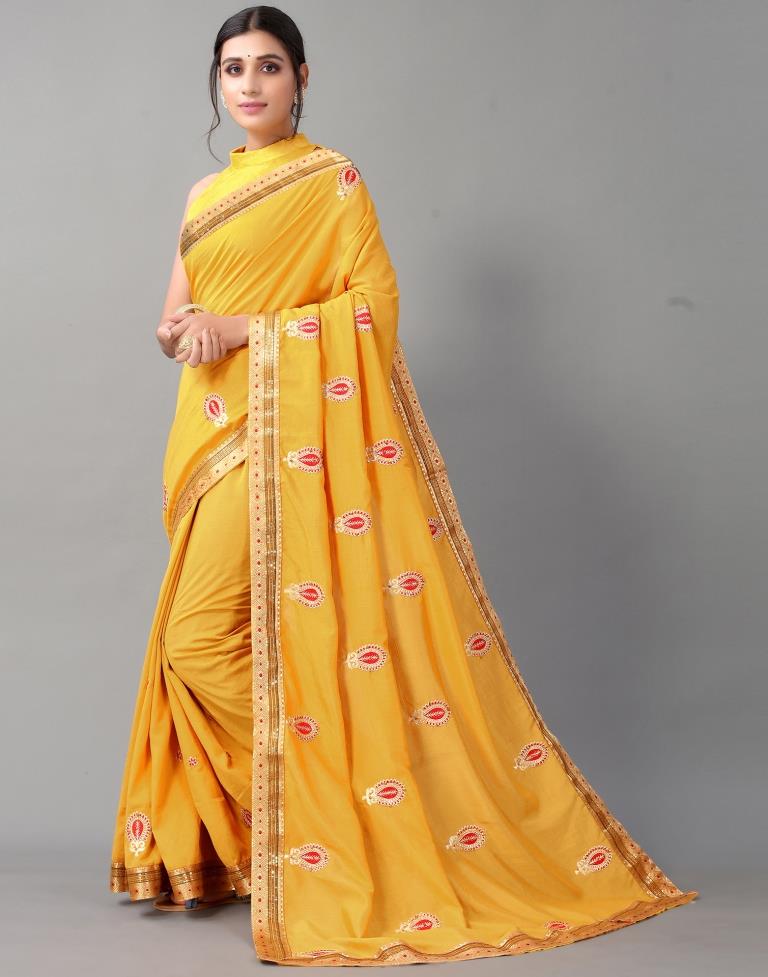 Mustard Yellow & Red Woven Dola Silk Saree with Designer Embroidery Bl –  Rushini