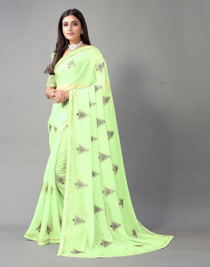 Pista Green Embroidery Chiffon Saree | Leemboodi