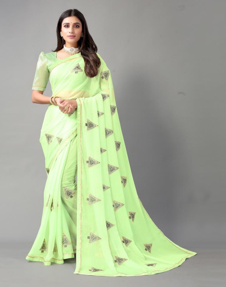Pista Green Embroidery Chiffon Saree | Leemboodi