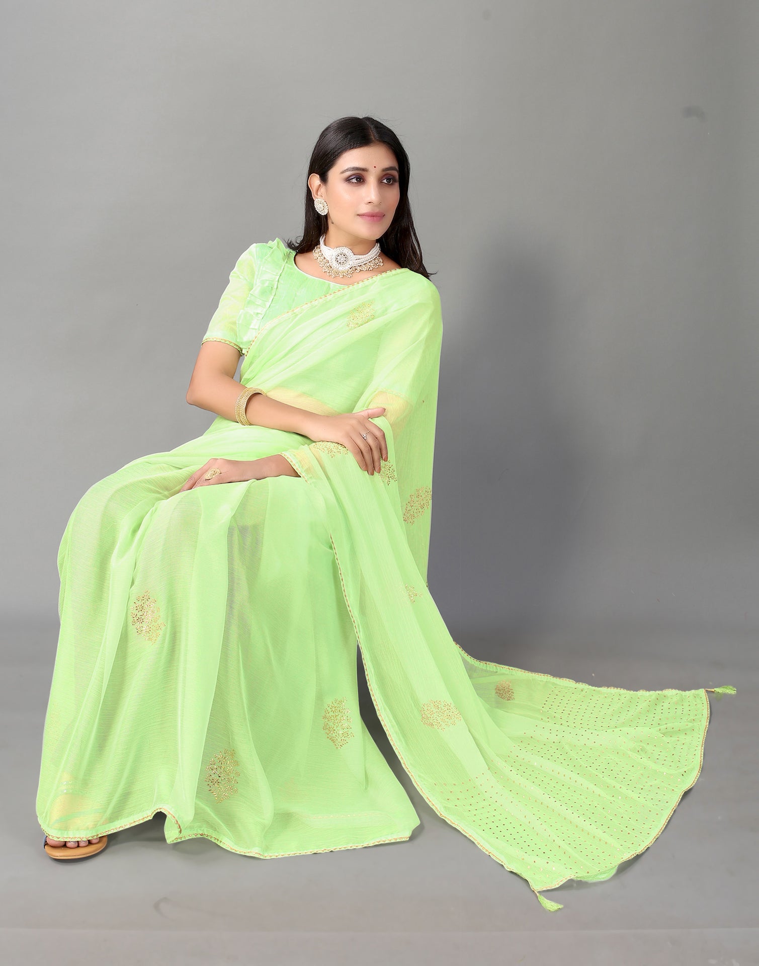 Enigmatic Pista Green Silk Saree with Purple Blouse