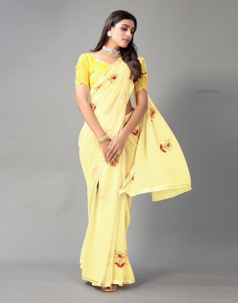 XFY Women's Georgette Saree With Unstitched Blouse Piece plain sarees for  women Lemon Yellow Color